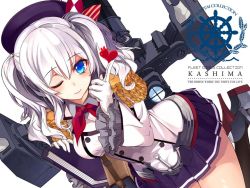 Rule 34 | 10s, 1girl, ;), anchor, beret, black skirt, blue eyes, blush, breasts, buttons, character name, copyright name, double-breasted, epaulettes, frilled sleeves, frills, gloves, hat, heart, kantai collection, kashima (kancolle), kerchief, long sleeves, looking at viewer, machinery, medium breasts, military, military uniform, miniskirt, one eye closed, pleated skirt, searchlight, shirokitsune, sidelocks, silver hair, skirt, smile, solo, twintails, uniform, wavy hair, white gloves