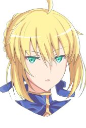 Rule 34 | 1girl, ahoge, aqua eyes, artoria pendragon (all), artoria pendragon (fate), blonde hair, blue ribbon, blue shirt, braid, cleavage cutout, clothing cutout, commentary request, cropped head, crown braid, fate/stay night, fate (series), hair between eyes, hair ribbon, highres, looking at viewer, maru hien, parted lips, portrait, ribbon, saber (fate), shirt, simple background, solo, white background