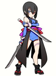 Rule 34 | 1girl, black hair, blue eyes, breasts, dual wielding, heterochromia, holding, large breasts, red eyes, samurai spirits, shiki (samurai spirits), snk, sword, weapon