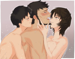 Rule 34 | 1girl, 2boys, beard, bisexual male, boy and girl sandwich, breasts, facial hair, father and son, green eyes, group sex, highres, husband and wife, ikari gendou, ikari shinji, ikari yui, incest, mmf threesome, mother and daughter, mother and son, multiple boys, neon genesis evangelion, nude, oyakodon (sex), sandwiched, threesome, yaoi