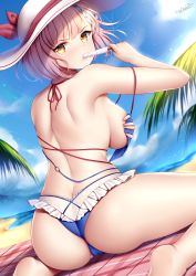 Rule 34 | 1girl, ass, azur lane, back, bare arms, bare shoulders, barefoot, bikini, blue bikini, braid, braided bangs, breasts, butt crack, cameltoe, cleft of venus, cloud, covering breasts, covering privates, day, food, frilled bikini, frills, from behind, halterneck, hat, highres, holding, large breasts, looking back, mouth hold, outdoors, palm leaf, pink hair, popsicle, short hair, sitting, solo, sun hat, sunlight, swimsuit, tartu (azur lane), tartu (overthinking summer) (azur lane), thighs, v-shaped eyebrows, wariza, white hat, wsman, yellow eyes