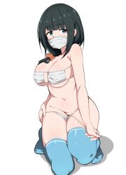 Rule 34 | 1girl, absurdres, bikini, bikini pull, black hair, blue eyes, blue thighhighs, breasts, clothes pull, eyepatch bikini, gridman universe, hassu, highres, kneeling, large breasts, long hair, looking at viewer, low-tied long hair, mask, mask bikini, mask on breasts, mask on groin, mouth mask, nude, plump, scrunchie, seihekiog, skindentation, solo, ssss.gridman, surgical mask, swimsuit, thighhighs, white background