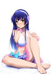 Rule 34 | 10s, 1girl, bad id, bad pixiv id, bare legs, barefoot, bikini, blue hair, blush, bracelet, feet, flower, frilled skirt, frills, full body, hair flower, hair ornament, hairband, hand on own knee, highres, jewelry, long hair, love live!, love live! school idol project, natsuiro egao de 1 2 jump!, necklace, open mouth, simple background, sitting, skirt, smile, solo, sonoda umi, suzume no kimochi, swimsuit, toes, white background, white bikini, yellow eyes