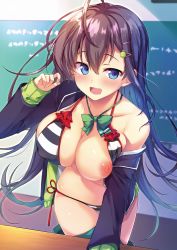 Rule 34 | :d, ahoge, arm up, bikini, bikini top only, black hair, black shirt, blue eyes, bow, breasts, chalkboard, classroom, cleavage, collarbone, covered erect nipples, desk, detexted, frilled bikini, frilled bikini top, frills, gradient hair, green bow, green hair, green skirt, green sweater, hair ornament, hairclip, highres, indoors, kaniya shiku, large breasts, long hair, multicolored hair, nipples, one breast out, open clothes, open mouth, open shirt, original, school desk, school uniform, shirt, side-tie bikini bottom, skirt, smile, solo, standing, striped bikini, striped clothes, sweater, swimsuit, third-party edit, unworn skirt