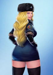 Rule 34 | absurdres, black hat, black thighhighs, blonde hair, blue eyes, cirenk, from behind, hand on own hip, hands on own hips, hat, highres, kolin, long hair, looking at viewer, russian clothes, smile, solo, street fighter, street fighter v, teeth, thighhighs, upper teeth only