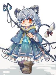 Rule 34 | 1girl, ahoge, animal ear fluff, animal ears, blouse, blue capelet, blush, capelet, closed mouth, commentary request, crystal, dowsing rod, full body, grey hair, grey skirt, holding, jewelry, layered clothes, long sleeves, looking at viewer, mame komari, mouse ears, mouse girl, mouse tail, nazrin, orange eyes, pendant, petticoat, scroll, shirt, short hair, skirt, smile, solo, tail, thick eyebrows, touhou, white background, white shirt