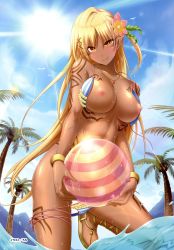 Rule 34 | 1girl, absurdres, arm tattoo, ball, bikini, bikini pull, blonde hair, blush, breasts, chest tattoo, clothes pull, dark-skinned female, dark skin, day, eushully, frilled bikini, frills, from below, hair between eyes, hair ornament, head tilt, highres, jewelry, large breasts, leg tattoo, light areolae, long hair, looking at viewer, necklace, nipples, non-web source, outdoors, palm tree, red eyes, side-tie bikini bottom, smile, solo, standing, standing on one leg, stomach, string bikini, striped bikini, striped clothes, swimsuit, tattoo, tree, untied bikini, very long hair, wading, wet