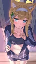 Rule 34 | 1girl, absurdres, animal ear fluff, animal ears, black jacket, black shorts, blue archive, blue eyes, blush, breasts, closed mouth, collarbone, flower, hair flower, hair ornament, hairband, halo, highres, index finger raised, jacket, long hair, looking at viewer, mari (blue archive), mari (track) (blue archive), medium breasts, navel, official alternate costume, orange hair, rottenpizza, shorts, solo, sports bra, standing, sweat, white flower, white hairband, yellow halo