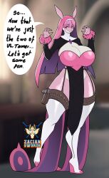 Rule 34 | animal ears, boots, breasts, cleavage, colored skin, gun, gun holster, high heel boots, high heels, highres, huge breasts, lovander, palworld, pink skin, thigh boots, weapon, wedge heels, zacianswords