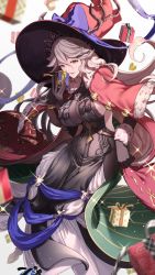Rule 34 | 1girl, antlers, backless outfit, belt, black dress, black gloves, box, breasts, cape, christmas, cleavage, dress, elbow gloves, feb itk, flipped hair, fur-trimmed cape, fur trim, gift, gift box, gloves, granblue fantasy, hat, highres, holding, holding gift, horns, huge breasts, long hair, looking at viewer, magisa (granblue fantasy), narrow waist, parted lips, pencil dress, pink eyes, red cape, reindeer antlers, see-through, see-through cleavage, sideboob, skin tight, solo, two-sided cape, two-sided fabric, very long hair, white hair, witch hat