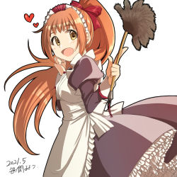 Rule 34 | 1girl, :d, apron, black dress, bow, brown eyes, clenched hand, dress, duster, feather duster, frilled dress, frills, hair bow, heart, highres, idolmaster, idolmaster cinderella girls, index finger raised, juliet sleeves, long sleeves, looking at viewer, maid, maid apron, open mouth, orange hair, puffy sleeves, red bow, simple background, smile, solo, standing, wakabayashi tomoka, white background, yoyotu