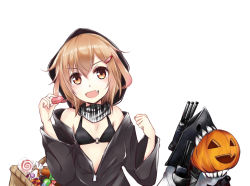 Rule 34 | 10s, 1girl, :d, bare shoulders, basket, brown eyes, brown hair, candy, clenched hand, colis (regunm772), cosplay, fang, food, hair ornament, hairclip, halloween, hood, hoodie, ikazuchi (kancolle), jack-o&#039;-lantern, kantai collection, looking back, macaron, o-ring, o-ring top, off shoulder, open mouth, re-class battleship, re-class battleship (cosplay), scarf, short hair, simple background, smile, striped clothes, striped scarf, white background