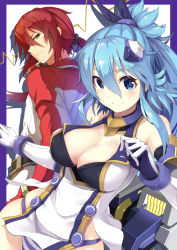 Rule 34 | 1boy, 1girl, absurdres, blue bow, blue eyes, blue hair, blush, border, bow, breasts, cleavage, closed mouth, elbow gloves, gloves, hair between eyes, hair bow, headgear, highres, jacket, large breasts, long hair, looking at another, looking at viewer, mecha musume, original, panties, ponytail, purple border, purple panties, red hair, sidelocks, skindentation, smile, striped clothes, striped panties, underwear, white background, white gloves, white panties, yellow eyes, zelitto