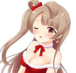 Rule 34 | 10s, 1girl, bare shoulders, blush, bow, breasts, brown eyes, brown hair, cleavage, earrings, futaba kurumi, hair bow, heart, heart earrings, highres, jewelry, long hair, looking at viewer, love live!, love live! school idol project, medium breasts, minami kotori, off shoulder, one eye closed, parted lips, red bow, side ponytail, solo, upper body
