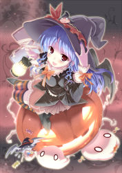 Rule 34 | 1girl, bat wings, blue hair, candy, fang, food, ghost, halloween, hand on headwear, hat, jack-o&#039;-lantern, lantern, long hair, looking at viewer, nail polish, o o, open mouth, original, pikazo, pinky out, pumpkin, purple nails, red eyes, smile, solo, striped clothes, striped thighhighs, thighhighs, wings, witch, witch hat