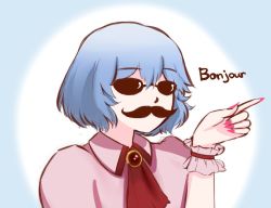 Rule 34 | 1girl, ascot, blue hair, brooch, facial hair, fake facial hair, fake mustache, french text, gradient background, gradient hair, jewelry, mugo (mugokii), multicolored hair, mustache, pointing, pointing finger, portrait, red ascot, remilia scarlet, short hair, solo, sunglasses, touhou, wrist cuffs