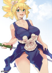 Rule 34 | 1girl, aqua eyes, artist name, bare shoulders, black dress, blonde hair, blush, breasts, cleavage, curvy, dr. stone, dress, hair between eyes, hair ornament, holding, holding sword, holding weapon, kohaku (dr. stone), large breasts, long hair, looking at viewer, open mouth, orphen (pink seito), ponytail, rope, rope belt, simple background, sky, solo, sword, teeth, thick thighs, thighs, upper teeth only, weapon