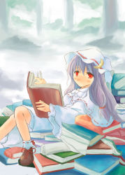 Rule 34 | 1girl, :/, bobby socks, book, crescent, crescent hair ornament, female focus, forest, hair ornament, long hair, moon, nature, patchouli knowledge, purple hair, red eyes, scroll, sitting, socks, solo, tes (unpre), too many, too many books, touhou, tree