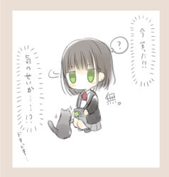 Rule 34 | 1girl, ?, black cat, black jacket, blazer, blunt bangs, blunt ends, blush, blush stickers, bob cut, border, bow, bowtie, brown hair, camera, camera around neck, cat, chibi, collared shirt, commentary request, ear ornament, earrings, grey footwear, grey skirt, highres, holding, holding camera, jacket, jewelry, jitome, kneehighs, loafers, long sleeves, looking at viewer, motion lines, no mouth, no nose, open clothes, open jacket, original, pink border, pleated skirt, red bow, red bowtie, school uniform, shirt, shoes, short hair, simple background, single-lens reflex camera, skirt, socks, solid oval eyes, sparkle, spoken question mark, squatting, stud earrings, translation request, white background, white shirt, white socks, yukimaru nun