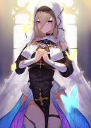 Rule 34 | 1girl, absurdres, aponia (honkai impact), bare shoulders, black choker, black dress, black sleeves, blonde hair, blue butterfly, blue eyes, breasts, bug, butterfly, chinese commentary, choker, closed mouth, commentary request, cowboy shot, dress, flower, flower ornament, halterneck, highres, honkai (series), honkai impact 3rd, huge breasts, insect, lace, lace choker, looking at viewer, mengxin huazha, mole, mole under eye, own hands together, pelvic curtain, solo, standing, thigh strap, white flower, white sleeves, white veil, yellow butterfly