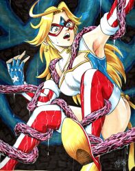 1girl blonde_hair blue_eyes boots kamen_america kamen_america_(comic) leotard long_hair open_mouth rain solo tentacles thigh_boots