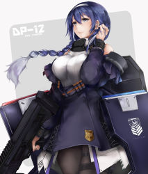 Rule 34 | 1girl, absurdres, ballistic shield, black pantyhose, blouse, blue hair, braid, braided ponytail, breasts, bullpup, copyright name, double-barreled shotgun, dp-12 (girls&#039; frontline), dp-27, girls&#039; frontline, grey eyes, gun, hand in own hair, highres, large breasts, long hair, marche mk14, multiple-barrel firearm, pantyhose, pump-action shotgun, pump action, shield, shield module, shirt, shotgun, side-by-side-barreled shotgun, simple background, smile, solo, standard manufacturing dp-12, thigh strap, vertical forward grip, very long hair, weapon, white shirt