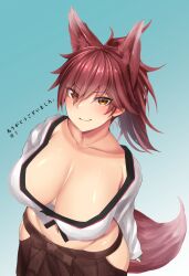 Rule 34 | 1girl, absurdres, animal ears, azur lane, breasts, collarbone, commission, fox ears, fox girl, fox tail, from above, gradient background, hair between eyes, hakama, highres, hip vent, ise (azur lane), japanese clothes, large breasts, long sleeves, looking at viewer, midriff, miso tanuki, navel, orange eyes, red hair, red hakama, skeb commission, skirt, smile, solo, tail