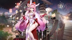 Rule 34 | 1girl, animal ear fluff, animal ears, azur lane, bare shoulders, china dress, chinese clothes, chinese new year, clothing cutout, dress, eyes visible through hair, flower, full body, gloves, green eyes, hair flower, hair ornament, hair over shoulder, hairband, hanazuki (azur lane), hanazuki (blossoming spring resplendent moon) (azur lane), highres, long hair, looking at viewer, official alternate costume, open mouth, parted lips, pelvic curtain, pink footwear, pink gloves, pink hair, pink hairband, red gloves, shirokitsune, solo, tail, teeth, thighhighs, upper teeth only, white dress, white thighhighs