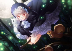 Rule 34 | 1girl, bad id, bad pixiv id, black dress, branch, broom, broom riding, cat, dress, fireflies, forest, frills, full moon, hat, holding, holding hat, moon, nature, night, original, philomelalilium, red eyes, silver hair, smile, solo, squirrel, tree, white cat, witch