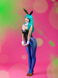 Rule 34 | 1girl, animal ears, aqua hair, argentine (nationality), bare shoulders, black leotard, blue pantyhose, bow, bowtie, breasts, bulma, bulma (cosplay), cleavage, clothes, cosplay, curvy, dragon ball, dragon ball (classic), fake animal ears, female focus, highleg, highleg leotard, highres, legs together, leotard, lips, long hair, looking at viewer, medium breasts, pantyhose, photo (medium), playboy bunny, rabbit ears, real life, red footwear, shiny clothes, shoes, solo, sophie valentine, standing, wide hips