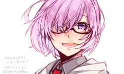 Rule 34 | 1girl, eyebrows hidden by hair, fate/grand order, fate (series), glasses, hair over one eye, looking at viewer, mash kyrielight, necktie, open mouth, purple eyes, purple hair, sakino saku, shirt, simple background, smile, solo, upper body, white background