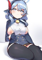 Rule 34 | 1girl, absurdres, ako (blue archive), arm at side, bell, belt, belt buckle, black skirt, black thighhighs, blue archive, blue belt, blue eyes, blue gloves, blue hair, blue hairband, blue jacket, blush, breasts, bright pupils, buckle, buttons, closed mouth, clothes pull, cowboy shot, double-breasted, earrings, frown, garter straps, gloves, goe (g-o-e), gradient background, grey background, hair ribbon, hairband, half gloves, halo, hand up, highres, jacket, jewelry, large breasts, long sleeves, looking at viewer, miniskirt, neck bell, nipples, pencil skirt, pulling own clothes, red ribbon, ribbon, shirt, shirt pull, sitting, skirt, solo, stud earrings, tearing up, thighhighs, v-shaped eyebrows, white background, white pupils, white shirt
