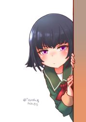 Rule 34 | 1girl, black hair, blush, closed mouth, dated, green jacket, green sailor collar, highres, ishigaki (kancolle), izumikuma, jacket, kantai collection, long sleeves, looking at viewer, one-hour drawing challenge, peeking out, purple eyes, sailor collar, school uniform, short hair, simple background, solo, twitter username, upper body, white background