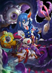 Rule 34 | 3me da, aqua eyes, archived source, bad id, bad twitter id, blue hair, copyright request, crack, gender request, hair between eyes, highres, horns, long hair, looking at viewer, monster, nail polish, red horns, red nails, ripples, rope, single horn, skull, solo, suction cups, tentacles