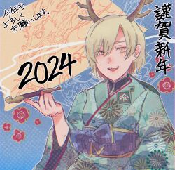 Rule 34 | 1girl, antlers, blonde hair, blue kimono, dragon girl, dragon horns, floral print, happy new year, highres, horns, japanese clothes, kicchou yachie, kimono, looking at viewer, new year, open mouth, short hair, smile, solo, touhou, tunaneko, yellow eyes