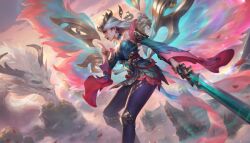 Rule 34 | 1girl, absurdres, alternate costume, bare shoulders, blue pants, breasts, choker, cleavage, closed mouth, cloud, colorful, detached sleeves, detached wings, dragon, dress, earrings, eastern dragon, eyeshadow, falling petals, floating hair, hair ornament, highres, holding, holding sword, holding weapon, immortal journey kayle, jewelry, kayle (league of legends), league of legends, long hair, looking to the side, makeup, medium breasts, mountain, multicolored wings, official alternate costume, official alternate hairstyle, official art, outdoors, pants, petals, red lips, short dress, sky, smile, solo, sunlight, sword, weapon, white hair, wind, wings