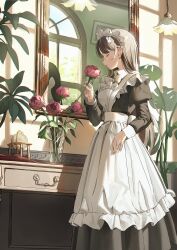 1girl apron black_dress bow bowtie brown_hair closed_eyes closed_mouth commentary dress flower frilled_apron frills hair_ornament hairpin hanging_light highres holding holding_flower juliet_sleeves long_dress long_hair long_sleeves maid maid_apron maid_headdress mirror original plant potted_plant puffy_sleeves rabbit_hair_ornament reflection shii_(kairi-t-k0317) sidelighting solo standing white_apron white_bow white_bowtie white_sleeve_cuffs window