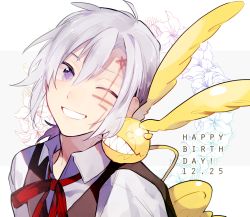 Rule 34 | 1boy, ;d, allen walker, black vest, blue eyes, collared shirt, d.gray-man, eco (mamenoki), grin, hair between eyes, happy birthday, male focus, neck ribbon, one eye closed, open mouth, red ribbon, ribbon, shirt, silver hair, smile, solo, timcanpy, upper body, vest, white background, white shirt, wing collar