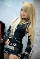 Rule 34 | 1girl, amane misa, amane misa (cosplay), asian, blonde hair, breasts, color contacts, cosplay, cross, cross necklace, death note, fingerless gloves, fishnet pantyhose, fishnets, gloves, highres, jewelry, kipi-san, long hair, miniskirt, mole, necklace, pantyhose, photo (medium), skirt, small breasts, solo, two side up