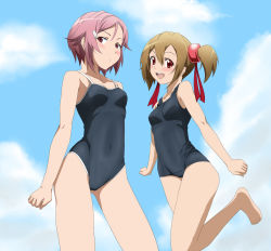 Rule 34 | 10s, 2girls, :d, akou (phoenix777), blush, brown hair, cowboy shot, day, from below, hair ornament, hair ribbon, hairclip, highres, lisbeth (sao), long legs, multiple girls, one-piece swimsuit, open mouth, pink hair, red eyes, ribbon, school swimsuit, short hair, short twintails, silica, sky, smile, standing, standing on one leg, swimsuit, sword art online, twintails