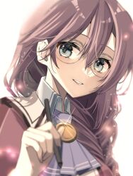 Rule 34 | 1girl, blurry, blurry background, brown hair, double-parted bangs, eiyuu densetsu, emma millstein, glasses, green eyes, hair between eyes, holding, holding pen, long hair, looking at viewer, natsusechoco, pen, portrait, sen no kiseki, simple background, thors military academy class vii uniform, white background