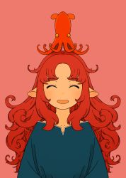 Rule 34 | 1girl, akai sashimi, animal, animal on head, blue shirt, closed eyes, curly hair, highres, long hair, long sleeves, octopus, on head, open mouth, original, parted bangs, pink background, red hair, shirt, simple background, smile, solo, tentacles, upper body