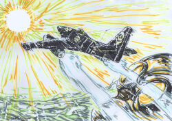 Rule 34 | 1970s (style), 1boy, afterburner, aircraft, airplane, comic, commentary request, contrail, eyepatch, fighter jet, flying, goggles, harlock, hat, highres, jet, jolly roger, light rays, luftwaffe, marker (medium), matsumoto leiji (style), me 262, military, military vehicle, momomoxeno, motion lines, oldschool, oxygen mask, pilot, pilot suit, retro artstyle, scan, sketch, sun, sunbeam, sunlight, the cockpit, thrusters, traditional media, upper body, world war ii