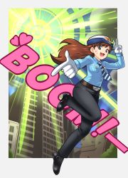 Rule 34 | 1girl, :3, :d, belt, black footwear, black pants, blue necktie, blue shirt, border, breast pocket, brown eyes, brown hair, building, collared shirt, d.va (overwatch), dress shirt, eron, finger gun, from side, full body, gloves, hat, heart, highres, leg up, long hair, long sleeves, looking at viewer, necktie, open mouth, outside border, outstretched arm, overwatch, overwatch 1, pants, pocket, police, police uniform, policewoman, shirt, smile, solo, sound effects, striped necktie, striped neckwear, uniform, v, v-shaped eyebrows, white gloves, wing collar