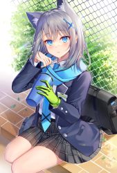 Rule 34 | 1girl, absurdres, animal ear fluff, animal ears, black jacket, black skirt, blazer, blue archive, blue eyes, blue scarf, blush, cat ears, chain-link fence, cross hair ornament, day, feet out of frame, fence, gloves, hair ornament, highres, holding, ion (on01e), jacket, long hair, long sleeves, looking at viewer, open clothes, open jacket, outdoors, parted lips, plaid, plaid skirt, scarf, school uniform, shiroko (blue archive), silver hair, single glove, sitting, skirt, solo, thighs, unbuttoned