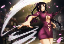Rule 34 | 1girl, absurdres, black eyes, black hair, box, breasts, cleavage, curvy, dress, covered erect nipples, female focus, highres, kazehana, large breasts, legs, lipstick, long hair, looking at viewer, makeup, navel, petals, ponytail, red lips, sekirei, smile, solo, standing, thighs, wind