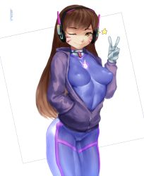 Rule 34 | 1girl, ;), animal print, bad id, bad tumblr id, bodysuit, breasts, cameltoe, covered erect nipples, cowboy shot, d.va (overwatch), facepaint, facial mark, gloves, hands in pockets, headphones, highres, jacket, medium breasts, one eye closed, open clothes, open jacket, otonaru, overwatch, overwatch 1, pilot suit, purple bodysuit, rabbit print, ribbed bodysuit, skin tight, smile, solo, unzipped, v, whisker markings, white gloves