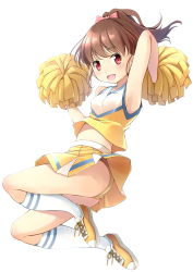 Rule 34 | 1girl, :d, arm up, armpits, ass, bow, breasts, cheerleader, full body, hair bow, highres, kneehighs, looking at viewer, midair, midriff, open mouth, original, panties, pink bow, pom pom (cheerleading), ponytail, red eyes, shibacha (shibacha 0728), skirt, small breasts, smile, socks, solo, underwear, upskirt, white socks, yellow footwear, yellow panties, yellow skirt