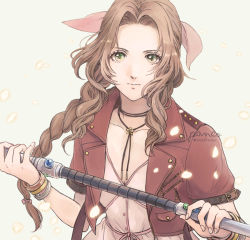Rule 34 | 1girl, aerith gainsborough, ancotsubu, bangle, bracelet, braid, braided ponytail, breasts, brown hair, choker, cropped jacket, dress, fighting stance, final fantasy, final fantasy vii, final fantasy vii remake, fingernails, green eyes, grey background, hair ribbon, holding, holding staff, jacket, jewelry, long hair, looking at viewer, materia, medium breasts, parted bangs, pink dress, red jacket, ribbon, short sleeves, sidelocks, solo, square enix, staff, teeth, upper teeth only, wavy hair