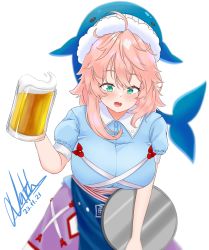 Rule 34 | absurdres, animal hat, apron, beer mug, blue apron, blue hat, blue shirt, blush, breasts, collared shirt, cup, dated, fang, green eyes, hat, highres, holding, holding cup, large breasts, leaning forward, looking at viewer, messy hair, mug, natch imaycz, ofuda, ofuda on clothes, okunoda miyoi, pink hair, puffy short sleeves, puffy sleeves, purple skirt, shirt, short sleeves, signature, skirt, smile, solo, touhou, tray, upper body, whale, whale hat, white background